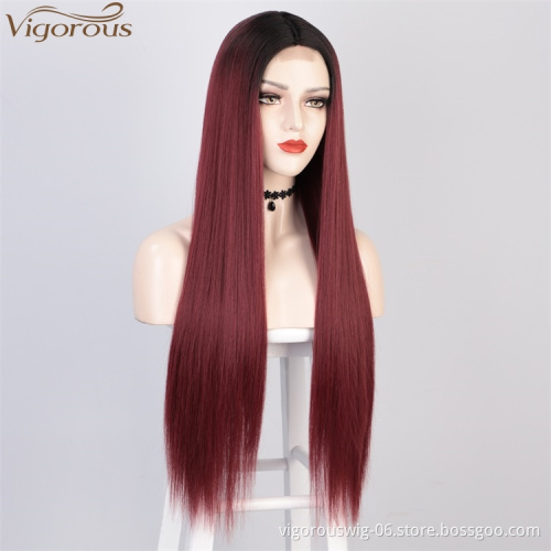 Vigorous High Temperature Ombre Red Lace Middle Part Wigs Long Silky Straight Wigs For White Women Wholesale